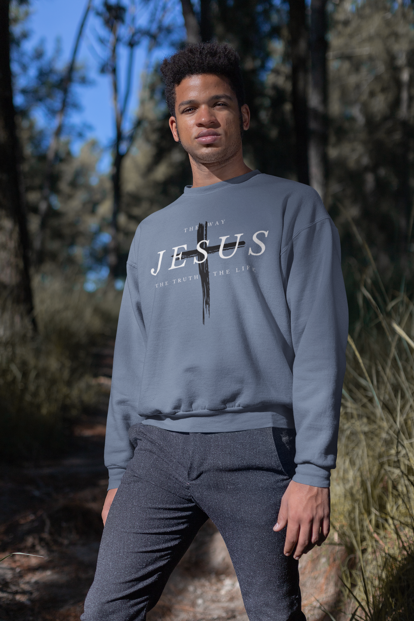 Christian SweatShirt Jesus Cross Unisex Mens Blue Jean