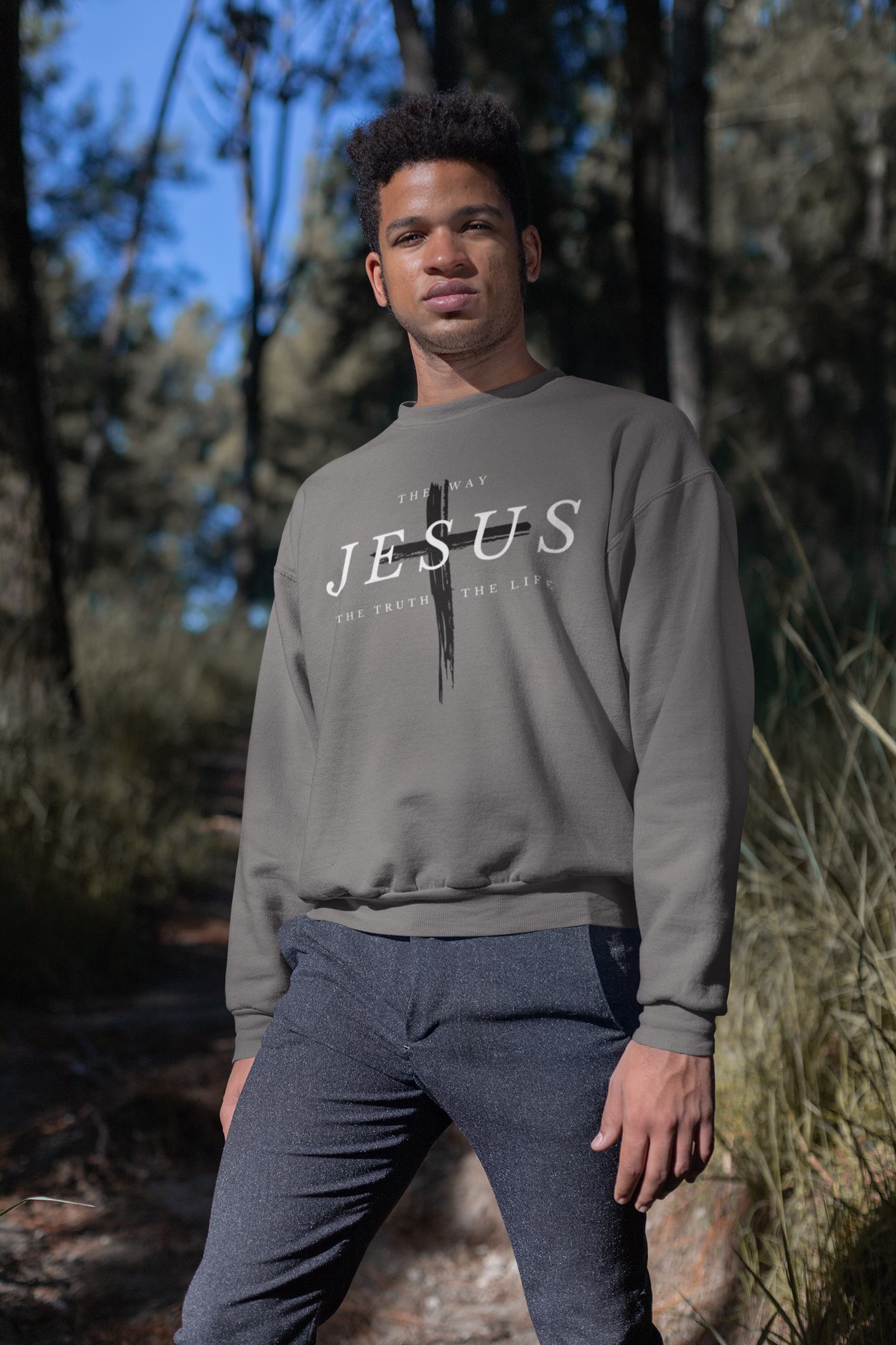 Christian SweatShirt Jesus Cross Unisex Mens Grey