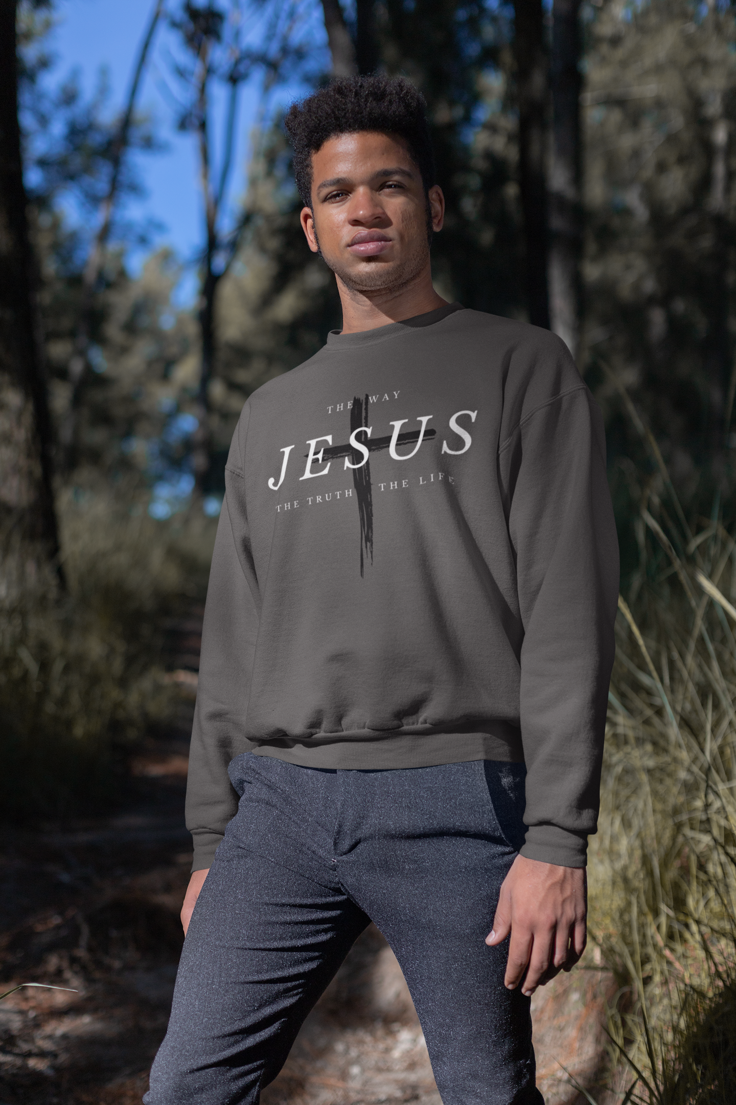Christian SweatShirt Jesus Cross Unisex Mens Pepper