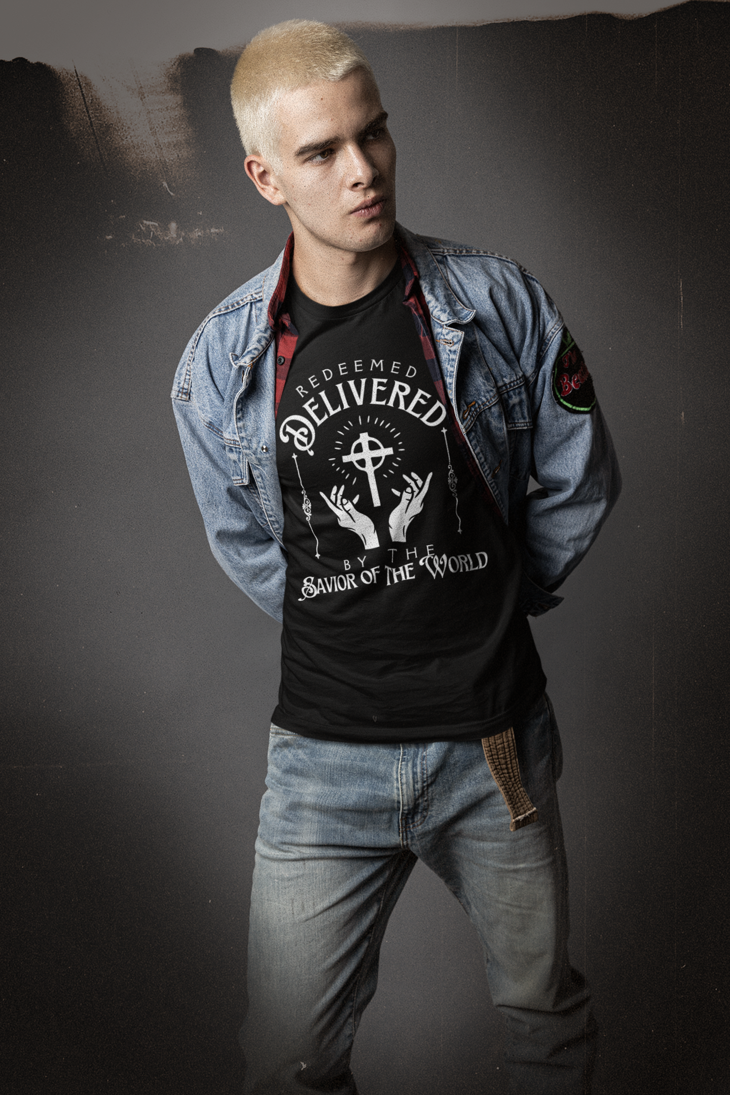 Redeemed and Delivered Christian Grunge Shirt Mens with Jacket