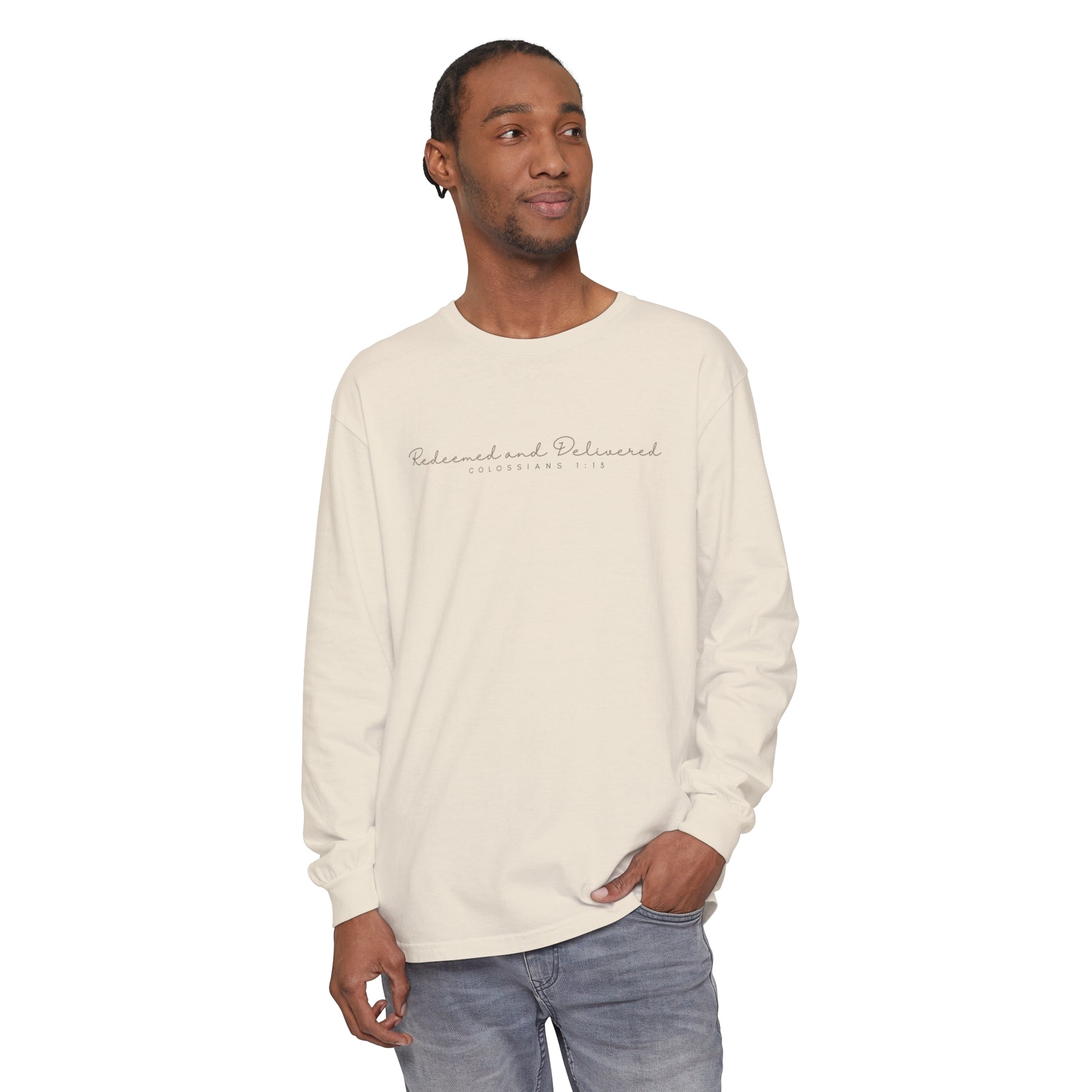 Redeemed and Delivered Minimalist Long Sleeve T-Shirt Ivory Unisex