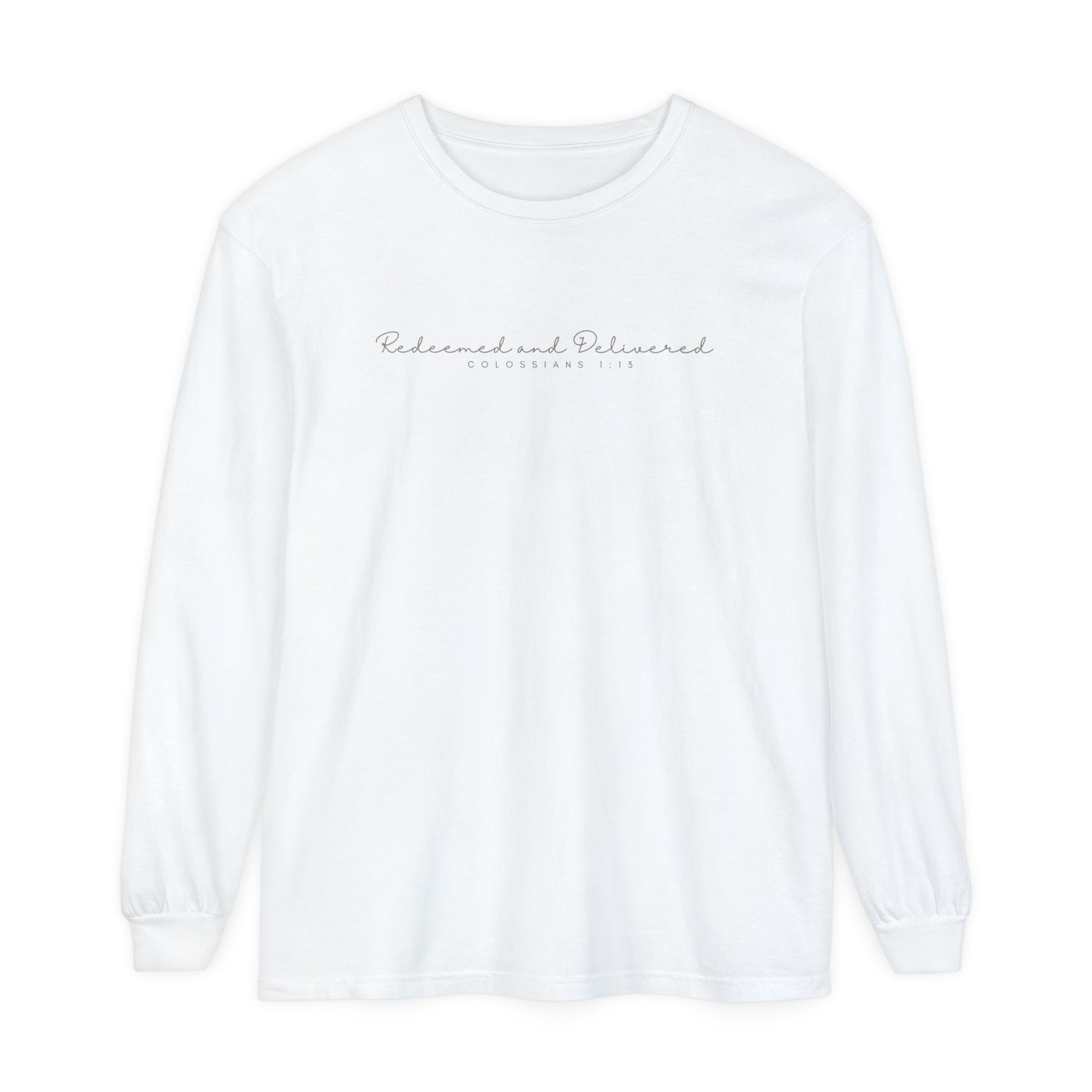 Redeemed and Delivered Minimalist Long Sleeve T-Shirt White Front