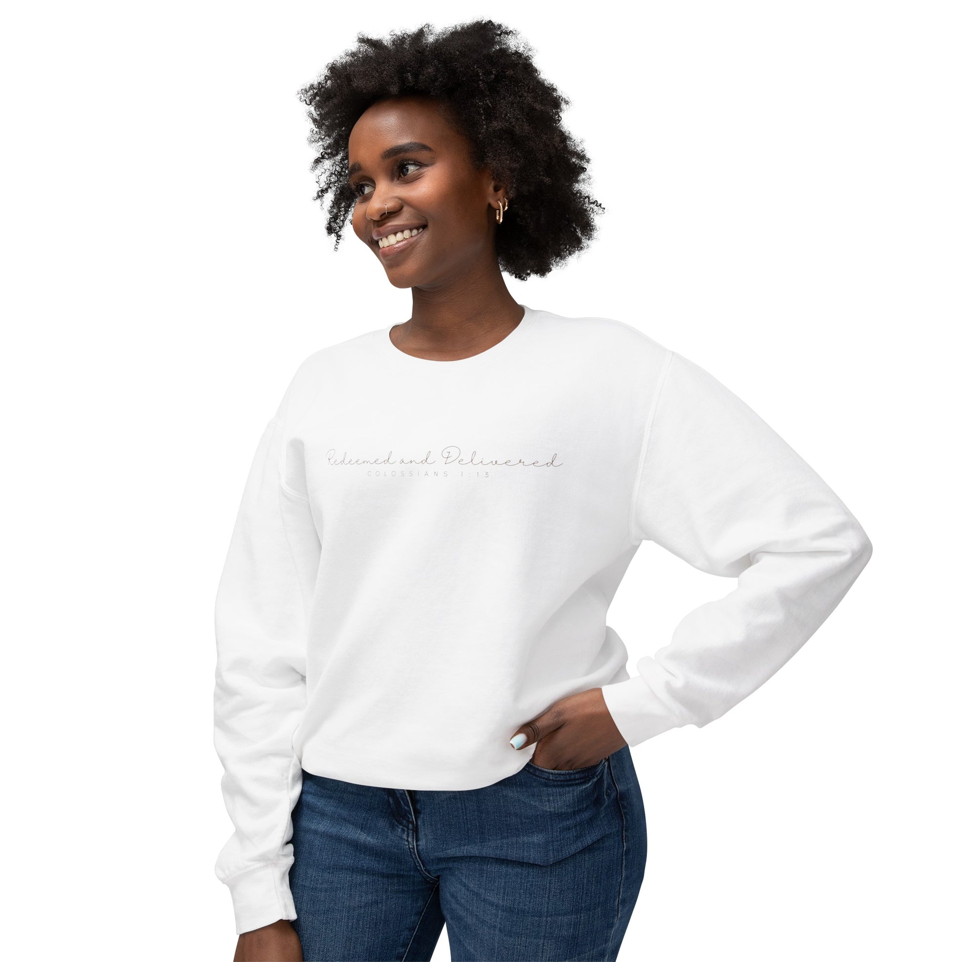 Redeemed and Delivered Minimalist White Lightweight Sweatshirt Front