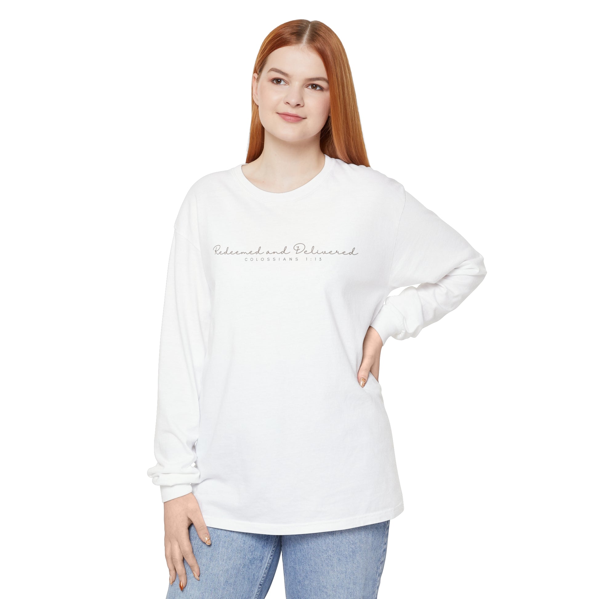 Redeemed and Delivered Minimalist Long Sleeve T-Shirt White