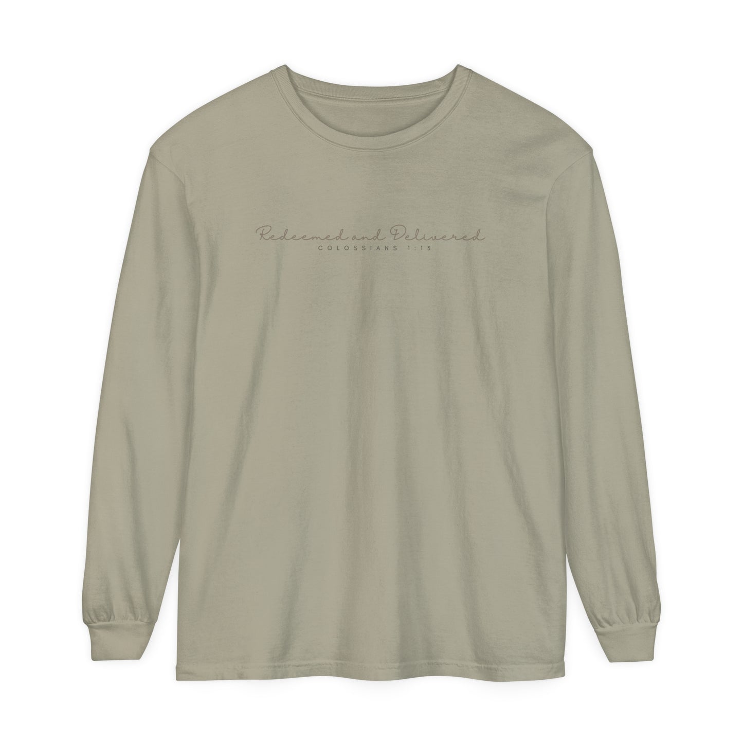 Redeemed and Delivered Minimalist Long Sleeve T-Shirt Sandstone Front