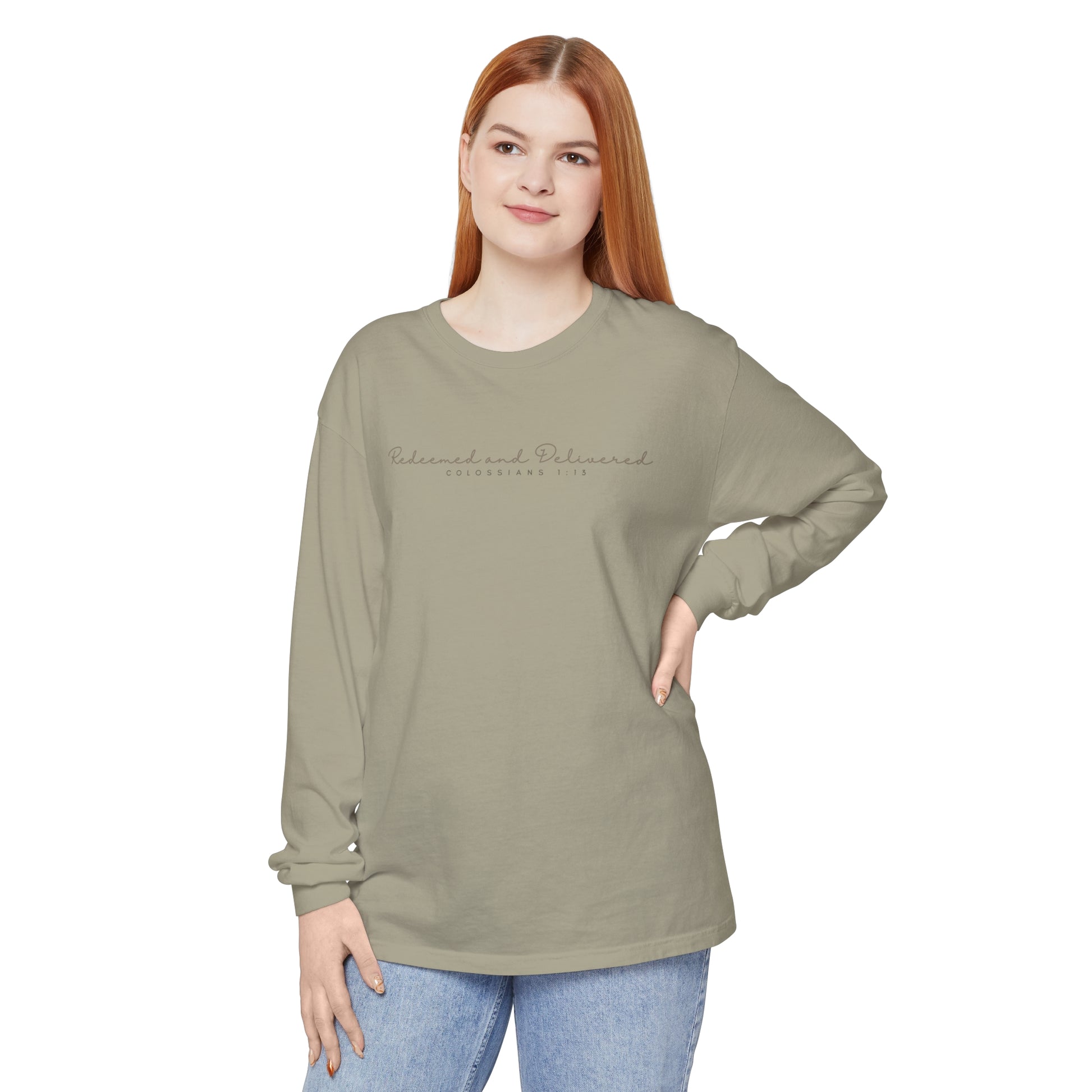 Redeemed and Delivered Minimalist Long Sleeve T-Shirt Sandstone