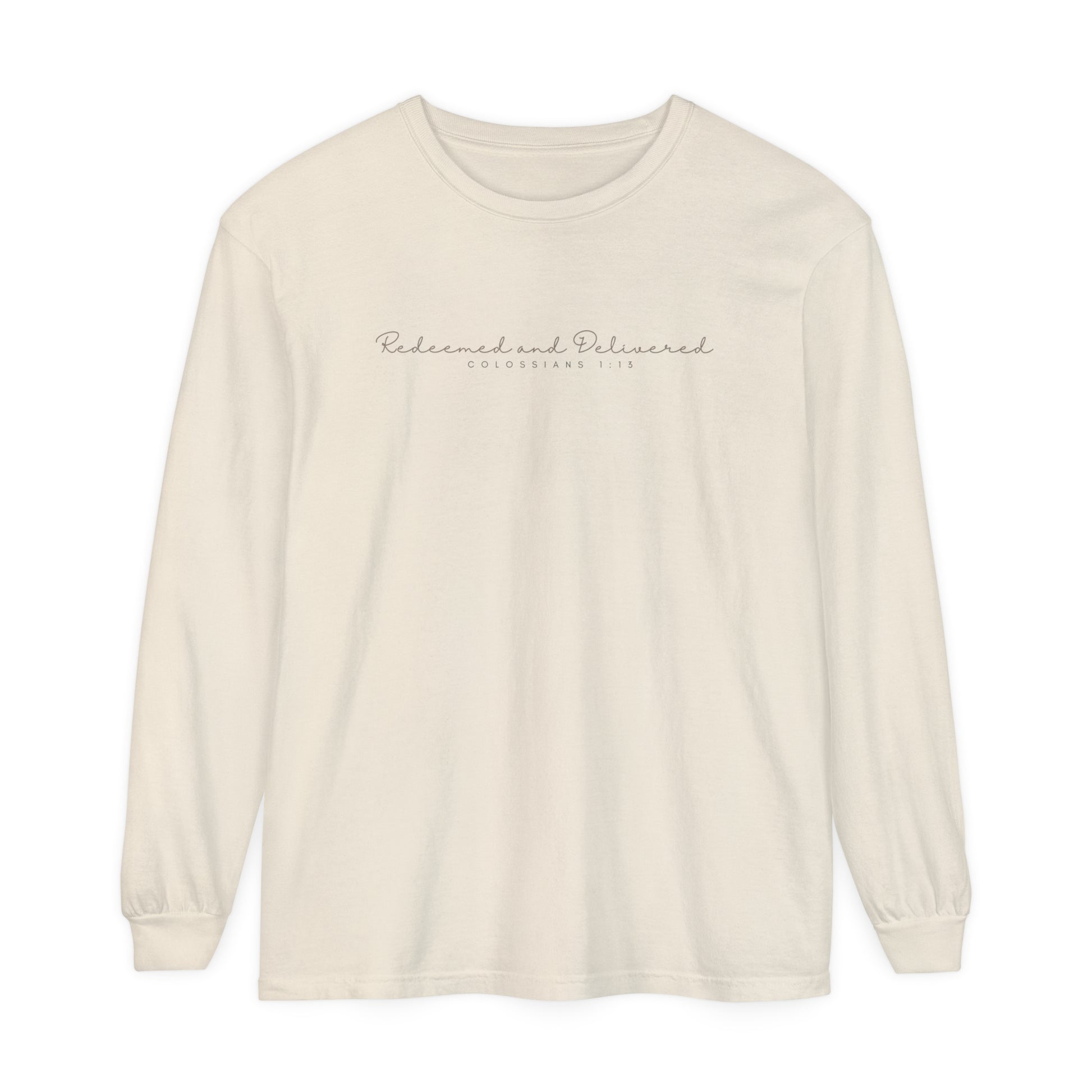 Redeemed and Delivered Minimalist Long Sleeve T-Shirt Ivory Front