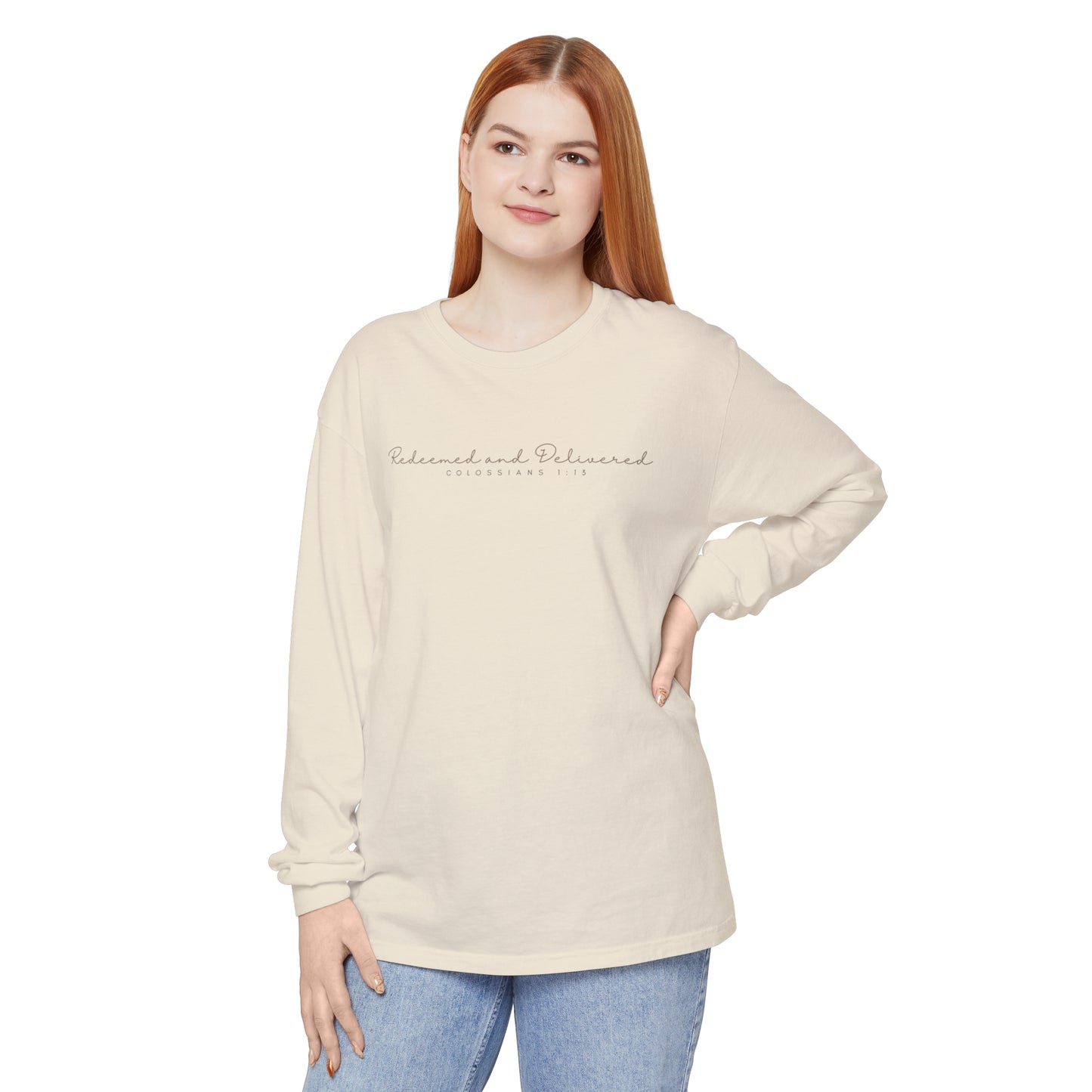 Redeemed and Delivered Minimalist Long Sleeve T-Shirt Ivory