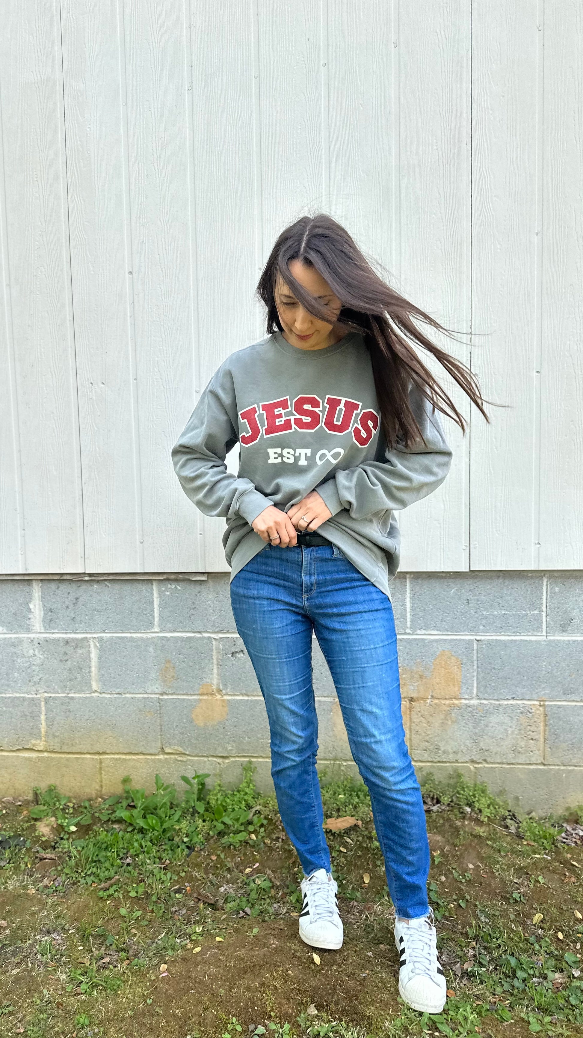 Oversized Jesus University Style Christian Sweatshirt Unisex - Grey and red